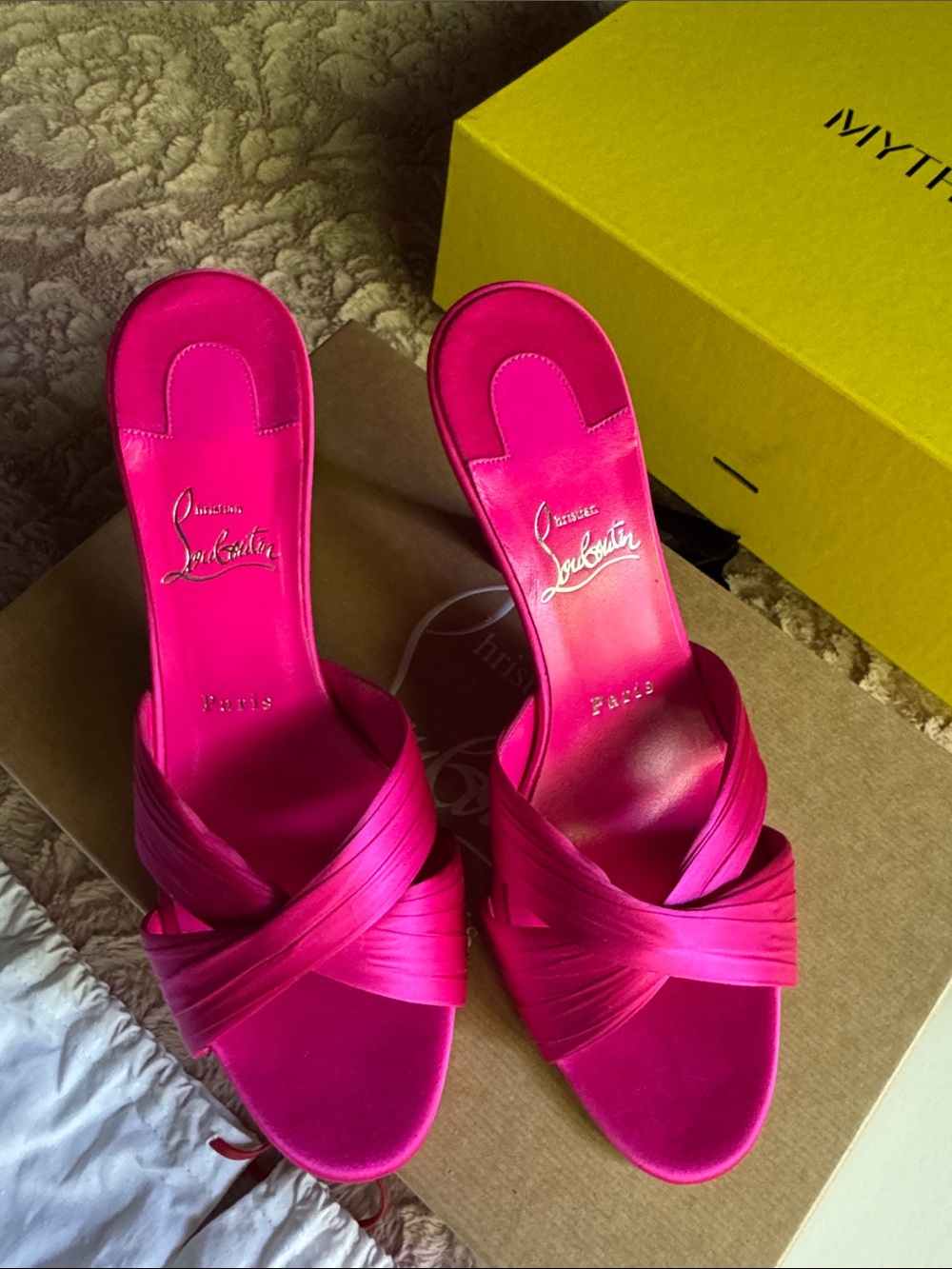 Christian Louboutin Hot Pink Satin Cross-Strap Slide Mules